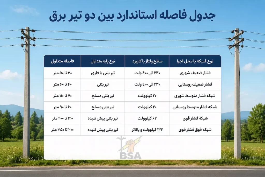 جدول فاصله تیر برق